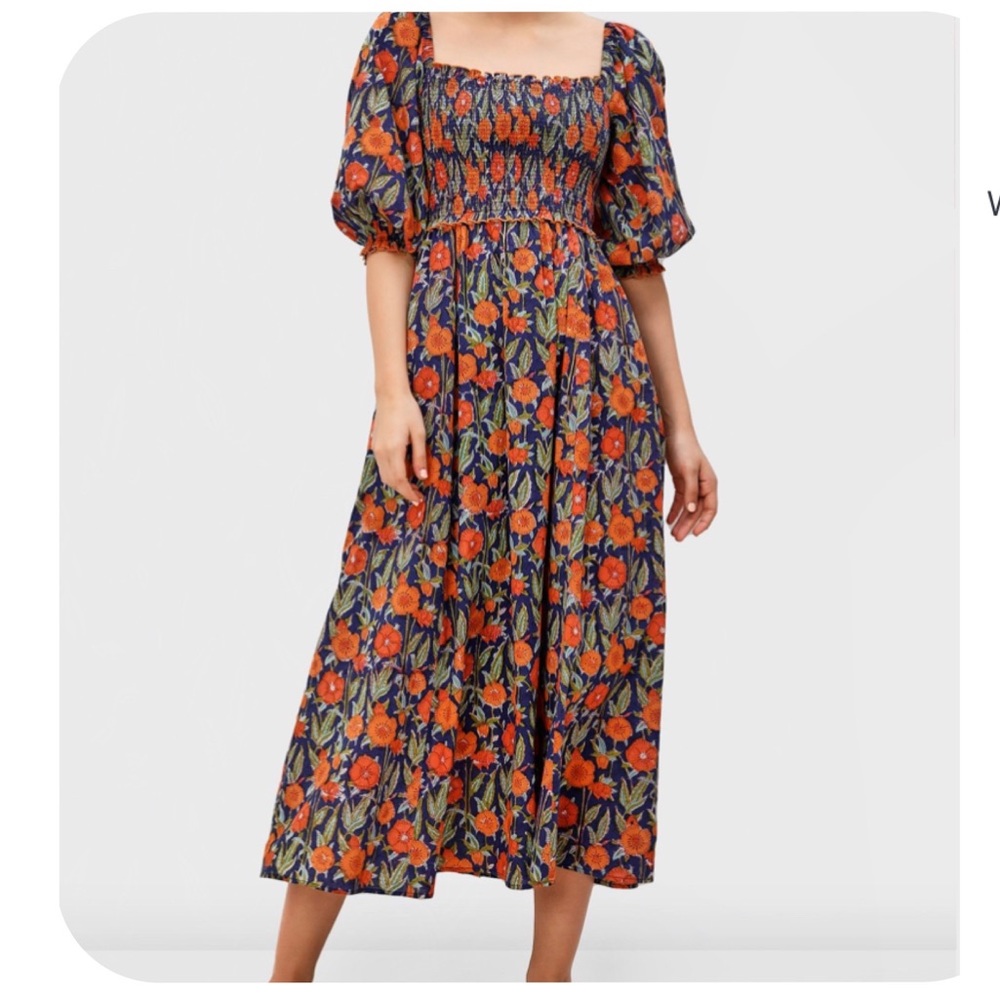 Eshakti hand block printed smocked puff sleeve dress 1X 18W